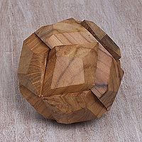 Wood puzzle, 'Soccer Ball' - Fair Trade Round Hand Carved Teak Wood Puzzle Ball