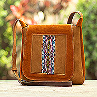 Wool-accented suede shoulder bag, 'Andes Diamonds' - Handcrafted Wool-Accented Suede Shoulder Bag in Brown Hues