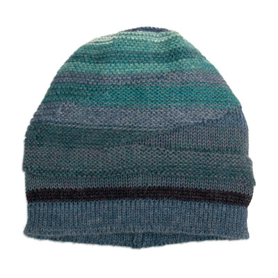 100% alpaca hat, 'Blue Textured Landscape' - Knit 100% Alpaca Hat in Blue and Teal Shades from Peru