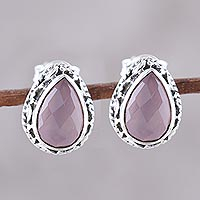 Chalcedony stud earrings, 'Soft Pink Mist' - Soft Pink Chalcedony Teardrop Stud Earrings from India