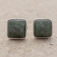 Jade stud earrings, 'Mayan Hope' - Jade and Sterling Silver Square Earrings from Guatemala