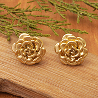 Gold plated sterling silver stud earrings, 'Blooming Rose' (.5 inch) - 18k Gold Plated Sterling Silver Rose Stud Earrings (.5 inch)