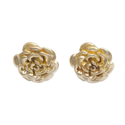 Gold plated sterling silver stud earrings, 'Blooming Rose' (.5 inch) - 18k Gold Plated Sterling Silver Rose Stud Earrings (.5 inch)