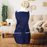 Cotton apron, 'Navy Geometry' - Embroidered Navy Cotton Gabardine Apron with Front Pockets