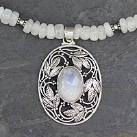 Rainbow moonstone pendant necklace, 'Mughal Garden' - Rainbow Moonstone and Sterling Silver Necklace