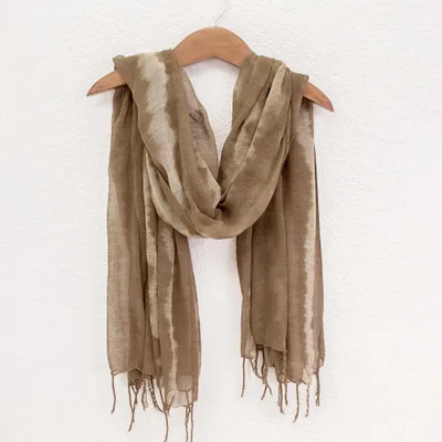 Cotton gauze shawl, 'San Pedro Sepia' - Sepia and White Cotton Shawl from Guatemala