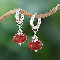 Carnelian hoop dangle earrings, 'Pure Fire' - Polished Sterling Silver and Carnelian Hoop Dangle Earrings