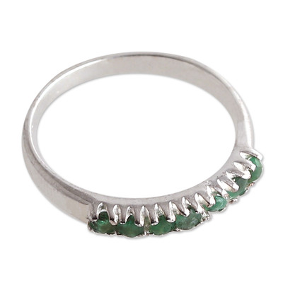 Emerald band ring, 'Harmonious Princess' - Fair Trade High-Polished Faceted Round Emerald Band Ring