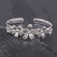 Sterling silver cuff bracelet, 'Blossom Row' - Hammered Sterling Silver Flower Cuff Bracelet