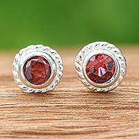 Garnet stud earrings, 'Passionate Elements' - Sterling Silver Stud Earrings with Round Garnet Gems