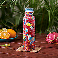 Copper water bottle, 'Lodhi Garden' - Red Garden Theme Copper Water Bottle from India