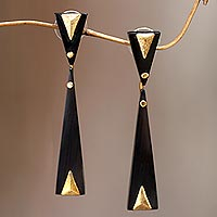 Horn dangle earrings, 'Black Mountain' - Handcrafted Brass Accent Earrings with Water Buffalo Horn