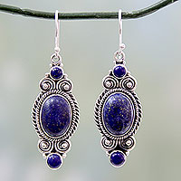 Lapis lazuli dangle earrings, 'Johari Treasure' - Ornate Sterling Silver Dangle Earrings with Lapis Lazuli