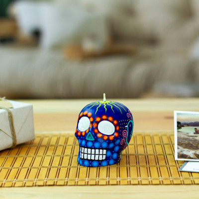 Candle, 'Colorful Purple Skull' - Hand Painted Mexican Day of the Dead Purple Skull Candle