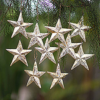 Wood ornaments, 'Twinkling Stars' (set of 10) - Set of 10 White Wood Star Ornaments with Golden Glitter