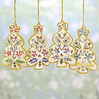 Embroidered ornaments, 'Happy Christmas' (set of 4) - Set of Four White Christmas Tree Ornaments from India