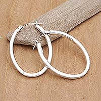 Sterling silver hoop earrings, 'Oval Roundabout' - Sterling Silver Modern Oval Hoop Earrings from Bali