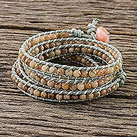 Jasper wrap bracelet, 'Surin Summer' - Jasper and Agate Cotton Wrap Bracelet