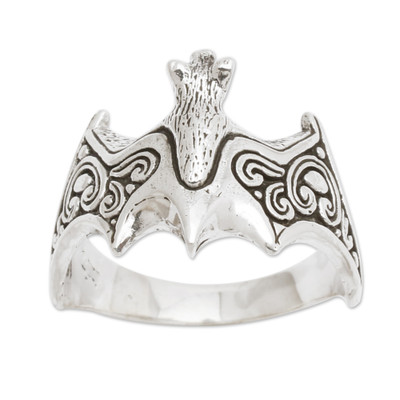 Sterling silver band ring, 'Nocturnal Puissance' - Artisan-Made Bat-Shaped Sterling Silver Band Ring from Bali