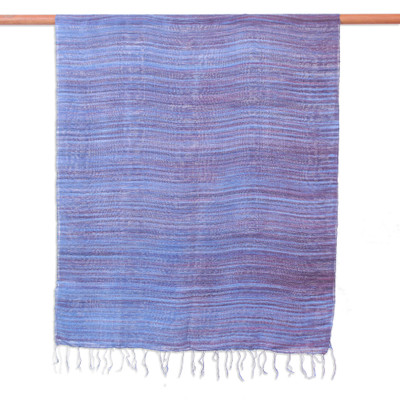 Silk scarf, 'Twilight Iridescence' - Handloomed Fringed Striped Blue and Dark Purple Silk Scarf