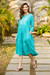 Cotton A-line dress, 'Cyan Spring' - Floral and Striped Cyan and Emerald Cotton A-Line Dress