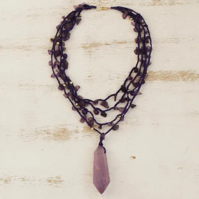 Amethyst pendant necklace, 'Purple Crochet' - Amethyst 4 Strand Crochet Pendant Necklace from Brazil