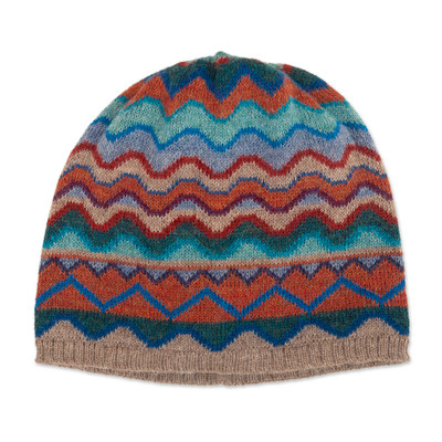 100% alpaca hat, 'Andean Vista' - Colorful Knit 100% Alpaca Hat with Wavy and Zigzag Patterns