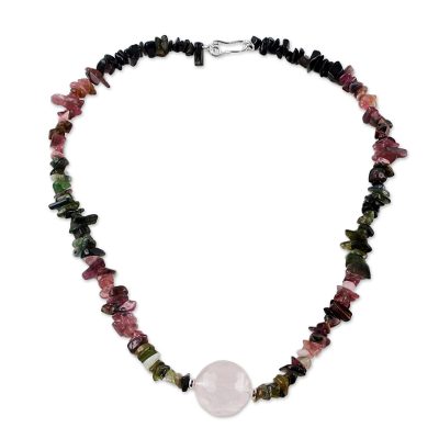 Rose quartz and tourmaline pendant necklace, 'Natural Rose' - Thai Rose Quartz and Tourmaline Beaded Pendant Necklace