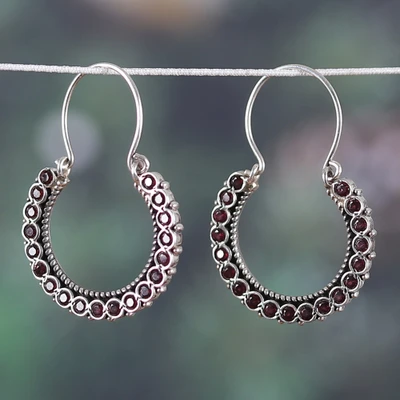 Garnet hoop earrings, 'Dazzling Hoop' - Faceted Three-Carat Natural Garnet Hoop Earrings from India