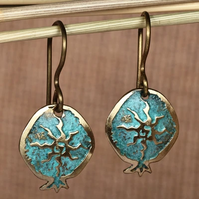 Brass dangle earrings, 'Sunny Essence' - Pomegranate-Shaped Sun Sign Brass Dangle Earrings