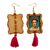 Wood dangle earrings, 'Frida's Strength' - Handcrafted Frida Kahlo Image Wood Frame Dangle Earrings
