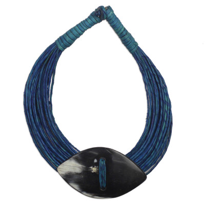 Leather and bone statement necklace, 'Masongo' - Ghanaian Blue Leather and Bone Statement Cord Necklace