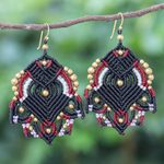 Gold-accented macrame dangle earrings, 'Boho Blaze in Black' - Hand-Knotted Macrame Dangle Earrings
