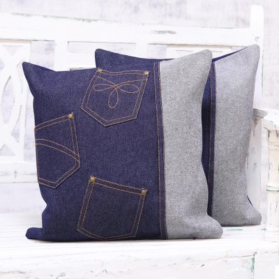 Denim cushion covers, 'Denim Pockets' (pair) - Two Handcrafted Patchwork Denim Cushion Covers from India