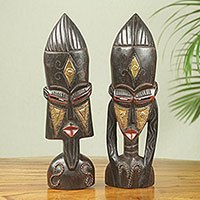 African wood mask sculptures, 'Meedo' (pair) - Hand Carved African Male and Female Masks (Pair)