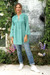Embroidered cotton long tunic, 'Long Lines in Teal' - Spring Hand-Embroidered Sea Green Cotton Tunic from India