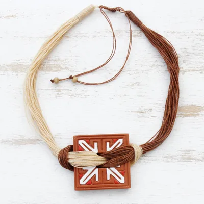 Ceramic pendant necklace, 'Tribal Square' - Square Ceramic and Natural Fiber Pendant Necklace