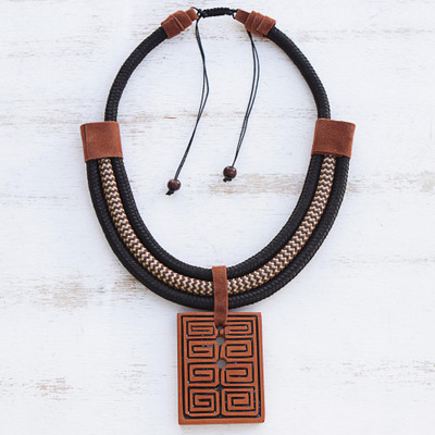 Ceramic pendant necklace, 'Rectangular Labyrinth' - Rectangular Ceramic Pendant Necklace from Brazil