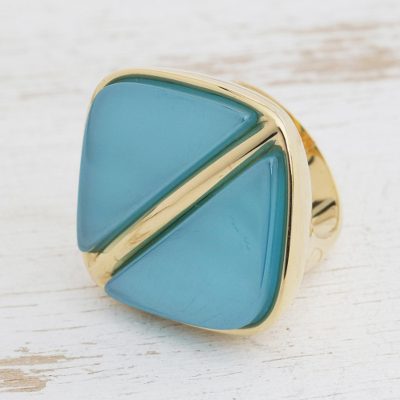 Gold plated agate signet ring, 'Contemporary Triangles' - Modern Gold Plated Agate Signet Ring from Brazil
