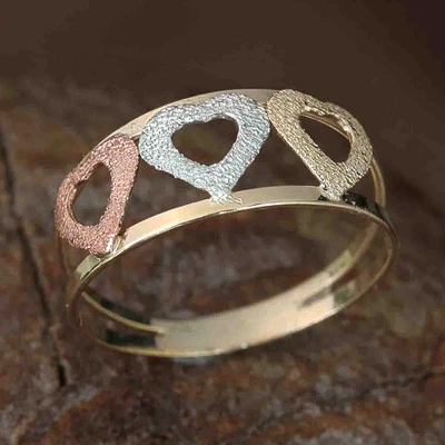 Gold band ring, 'Tricolor Hearts' - Heart Motif 10k Gold Band Ring from Brazil