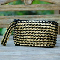 Soda pop-top cosmetic bag, 'Eco-Routine in Golden' - Eco-Friendly Zippered Golden Soda Pop-Top Cosmetic Bag