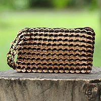 Soda pop-top wristlet bag, 'Bronze Hope and Change' - Hand Loomed Aluminum Wristlet from Brazil