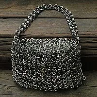 Soda pop-top shoulder bag, 'Shimmery Night' - Black Crochet Recycled Poptop Shoulder Bag from Brazil 