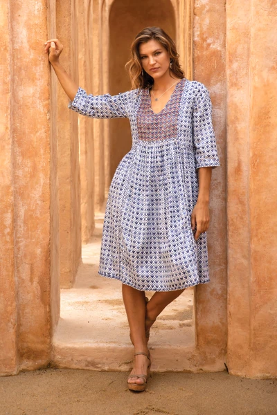 Embroidered cotton dress, 'Easy Breezy' - Embroidered Indigo Cotton Shift Dress with Sequin Accents