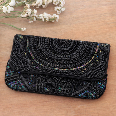 Embellished silk clutch, 'City Nights' - Artisan Crafted Beaded Silk Clutch from India