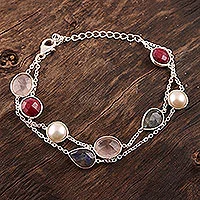 Multi-gemstone station bracelet, 'Glamorous Glisten' - Multi-Gemstone Station Strand Bracelet from India