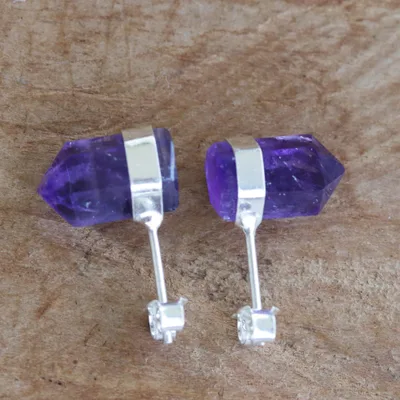Amethyst stud earrings, 'Intuitive Energy' - Hand Cut Prism Amethyst Stud Earrings from Brazil