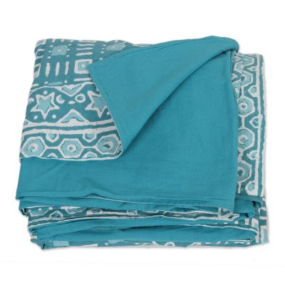 Block-printed duvet cover set, 'Rajasthani Turquoise' (3 pieces) - Geometric Block-Printed Duvet Cover and Sham Set (3 Pieces)