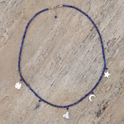 Lapis lazuli beaded charm necklace, 'Royal Inspiration' - Sterling Silver and Lapis Lazuli Beaded Charm Necklace