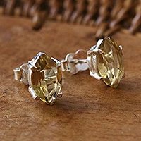 Lemon quartz stud earrings, 'Glimpse of Spring' - Brazilian Handcrafted Marquise Lemon Quartz Stud Earrings